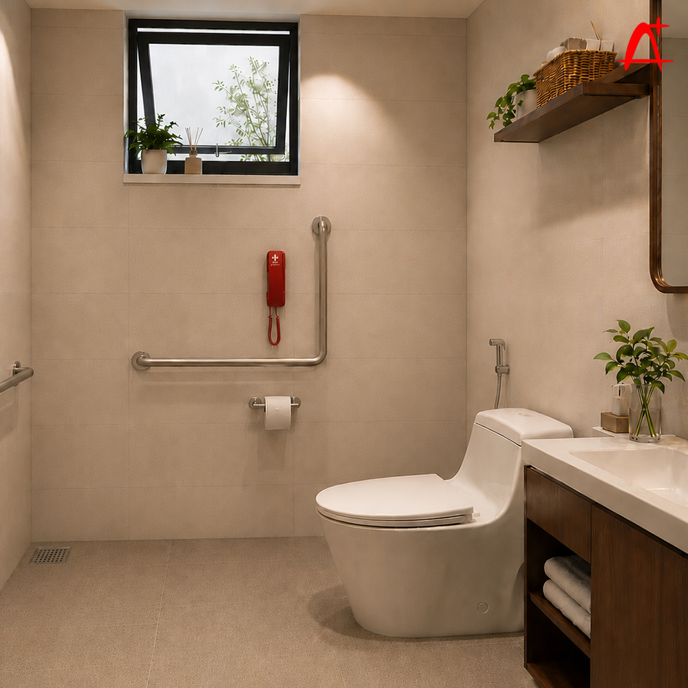 Tay vịn an to&agrave;n, điện thoại khẩn cấp trong ph&ograve;ng wc
